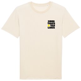  Cream unisex cycling t-shirt with "Good Times Tan Lines" text and yellow sun graphic print.