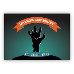 Spooky Halloween party invitation card with silhouette of a zombie hand emerging from the ground and an orange banner with text "Halloween Party".
