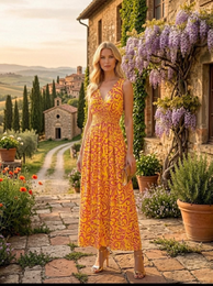 Orange scroll print maxi dress, smocked waist, long sleeves, floral pattern, elegant empire silhouette