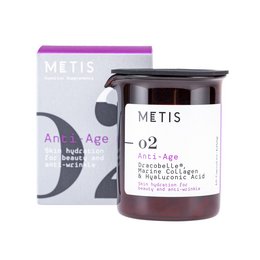Metis Anti Age 02 is a supplement product that contains collagen and other anti-aging ingredients. The product is available in two variants - Start and Eco-refill. The packaging features a minimalist design with a purple and gray color scheme.
