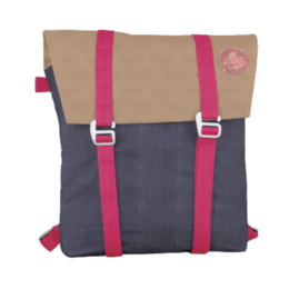A roll-top and school backpack made of eco-friendly hemp fabric in a sand, anthracite, and pink color scheme. The backpack features a water-resistant design and adjustable pink straps.