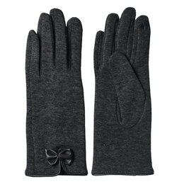 Gray wool gloves with a small bow detail, measuring 8x24 cm. Suitable for winter wear.