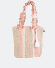  Pink and cream striped woven tote bag with fringe trim and tassel detail, spacious shoulder handbag.