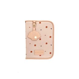  A beige document holder made of canvas material with a leather accent and a metal key-shaped charm. The holder has a rectangular shape and appears to be designed for storing and organizing documents.