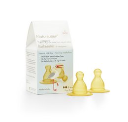 Two yellow silicone bottle teats for fast flow, suitable for use with Natursutten baby bottles. Made from natural, BPA-free materials.