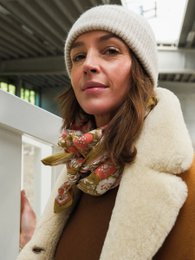  Ocher knit scarf, warm textured knit material, earthy tone, cozy winter accessory, adult size