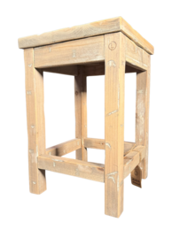 Rustic wooden stool with a square seat and four legs, suitable for use as a bench or side table.