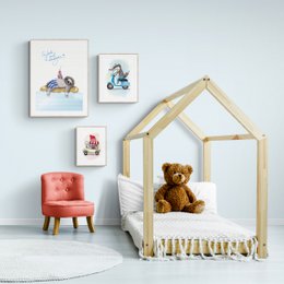 Poster featuring a whimsical illustration of a sloth wearing a party hat and surrounded by colorful elements. The poster has a playful, festive vibe and would make a fun, decorative addition to a nursery or child's room.