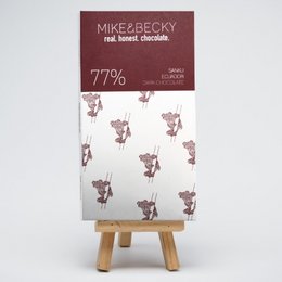 Dark chocolate bar with 77% cacao content, made from organic cocoa beans sourced from Ecuador.