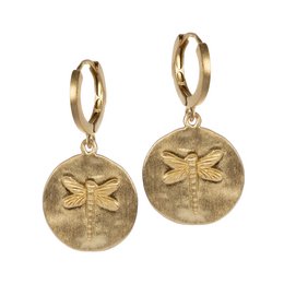 Gold hoop earrings with a textured dragonfly design. The earrings have a round, disc-shaped charm with a raised dragonfly motif in the center, creating an elegant and nature-inspired look.