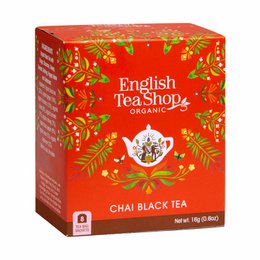 Organic black chai tea with aromatic spices in a red and gold box.