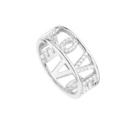 Silver love-themed ring with intricate cutout design, available in sizes 10, 12, 14, 16, and 18.