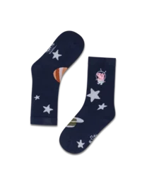 Navy blue kids' socks with white star patterns and colorful space-themed graphics.
