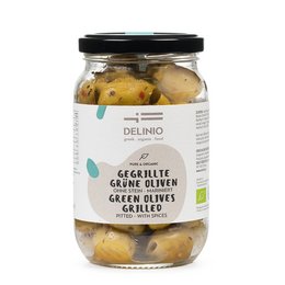 Grilled green organic olives in a six-pack jar. The olives are green in color and have a grilled flavor.
