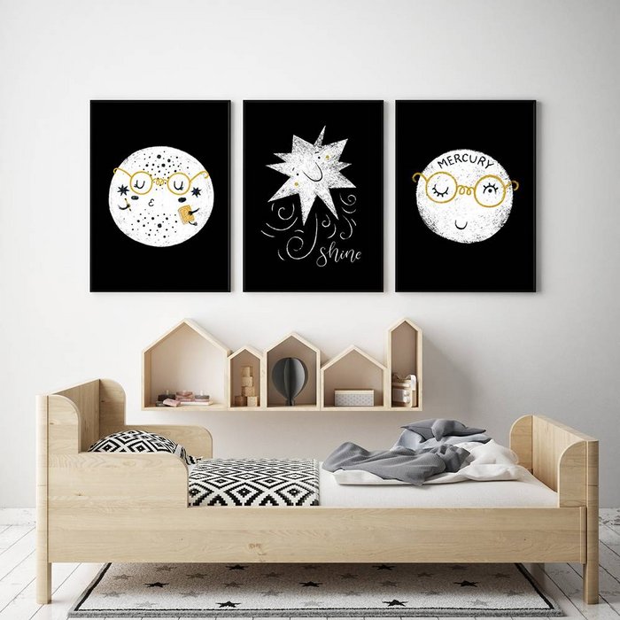 Kinderkamer poster Ster Shine - Planeten serie - Zwart wit geel