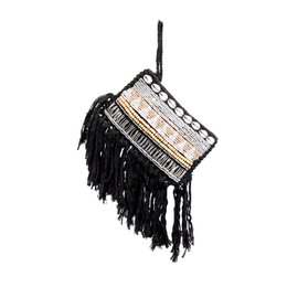  Black macrame clutch with woven texture, fringe tassel details, bohemian style shoulder bag.