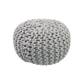 A round, gray, knitted children's pouf with a textured, crocheted pattern. Suitable for use as an ottoman or footrest in a kid's room or playroom.
