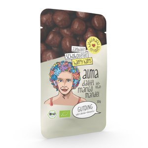 Alma - Bio-Dattel-Mango-Mandel-Fruchtkugel schokoliert zartbitter - Happy Happs im PP-Tütchen