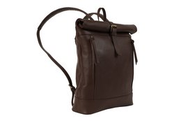 Dark brown rolltop backpack made of durable leather with adjustable straps for comfortable carrying.