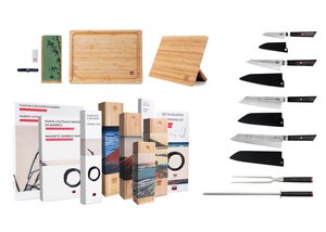 BUNKA Complete 9-delige Deluxe Set: 4 messen (officemes + Petty + Santoku + Kiritsuke) en 5 accessoires (magnetische bamboe meshouder + bamboe snijplank + slijpset korrel 180/800 + vleesvork + aanzetstaal)