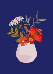 A vase filled with a vibrant bouquet of flowers, including red poppies, white flowers, and green foliage. The flowers are arranged in a rustic, natural style.