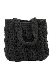 A dark gray crocheted wool shoulder bag with a textured, woven pattern.