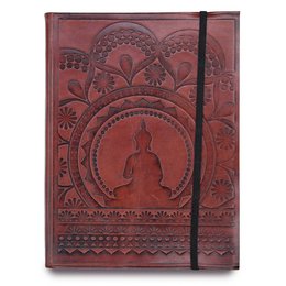 Medium notebook with Tibetan mandala design, featuring a strap closure and intricate floral patterns in a rich burgundy color.