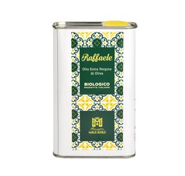 Organic extra virgin olive oil in a tin container with a floral design label. The olive oil is from Sicily, Italy and is certified organic.