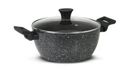 A round, tall black casserole dish with a glass lid, suitable for sauces and stews. The casserole is made of a durable, non-stick material and is available in 3 sizes: 24 cm, 28 cm, and 20 cm.