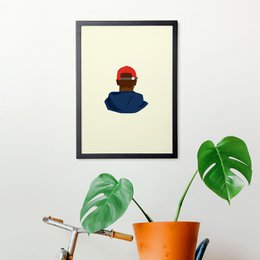 A minimalist wall art print featuring a silhouette of a person wearing a red hat against a light yellow background. The simple, abstract design would complement a variety of decor styles.