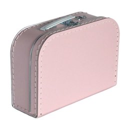 A small, pink suitcase-style box with a gray trim and metal clasp. The box appears to be made of a soft, textured material and is designed for children or travel.
