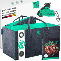 A large, reusable shopping bag made of durable, water-resistant material in a dark gray color. The bag features a green accent color and has a handle for easy carrying. The bag is suitable for use with washing machines and has a 5-year warranty.