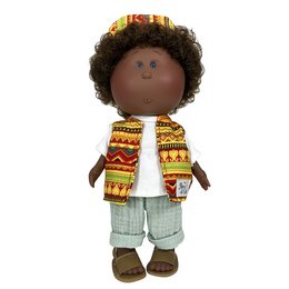 A colorful, patterned doll with curly hair, wearing a patterned scarf and pants.