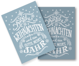 Festive Christmas card with hand-lettered "Weihnachten" text and snowflake design in silver and white on a light blue background.
