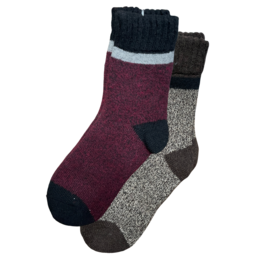 Pair of burgundy and gray alpaca wool blend socks with striped pattern.