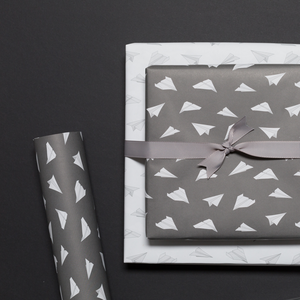 Gray wrapping paper with paper planes - children's wrapping paper with paper planes, wrapping paper birthday man with origami planes