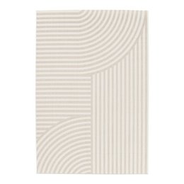  Rectangular area rug with a geometric pattern of intersecting lines in neutral tones, suitable for interior and exterior use.