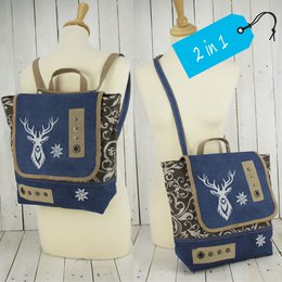 Domelo traditionele rugzak/schoudertas voor meisjes. Rugzak gemaakt van upcycled jeans en canvas met een hertenmotief