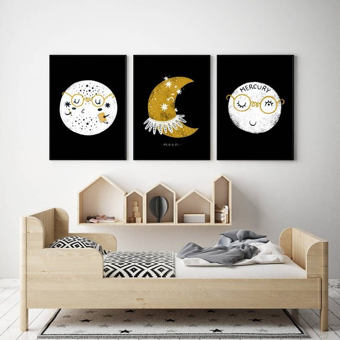 Kinderkamer poster Planeet - Planeten serie - Zwart wit geel