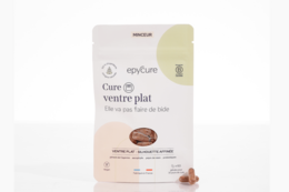 Flat belly cure supplement capsules in a white and red box. Contains ingredients to support weight management and digestive health.