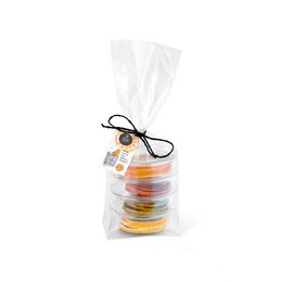 A pack of assorted citrus slices including orange, blood orange, lime, and lemon. The slices are dried and arranged in a clear plastic bag, showcasing their vibrant orange and yellow colors.