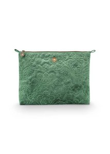 Cosmetic Flat Pouch Large Velvet Quilted Green 30x22x1cm
