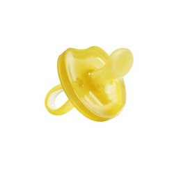 Yellow anatomical pacifier with butterfly design, made of natural rubber.