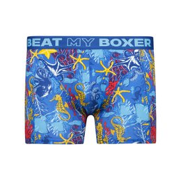  Men's boxer shorts with a vibrant, tropical-inspired print featuring colorful starfish, coral, and other marine life against a blue background. The boxer shorts have a comfortable, stretchy fit and are made of high-quality materials.