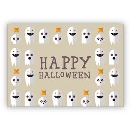 A Halloween greeting card with a repeating pattern of cute ghost illustrations and the text "Happy Halloween" in the center.