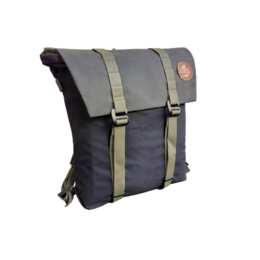 A black and gray roll-top backpack with water-resistant material and adjustable straps.