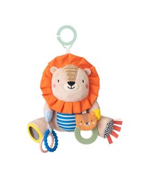 Plush lion-shaped activity doll with various textures and features for baby's sensory development.