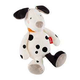 White plushie dalmatian dog with black spots, floppy ears, soft toy figure