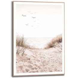 Slim Frame Dunes 70x50 Poster - Serene beach scene with sand dunes, birds in the sky, and a tranquil atmosphere. Suitable for home or office decor.