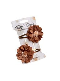  Floral hair clips in a brown and beige color palette, featuring a set of 3 decorative flower-shaped clips. The clips have a textured, layered design with a central stud detail.